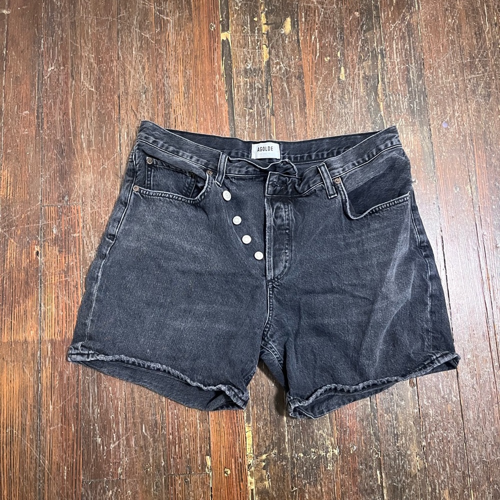 Agolde Washed Black High-Rise Button-Fly Denim Shorts
